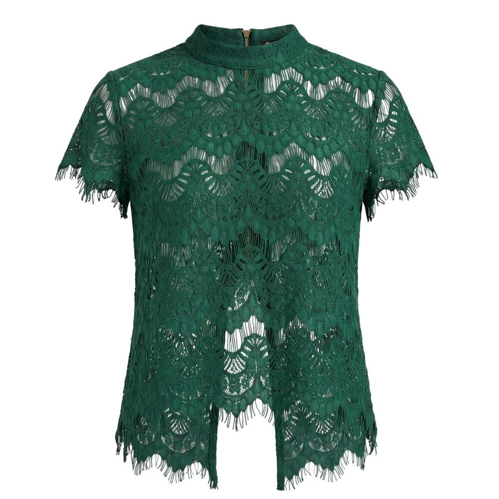 Lace Short Sleeve Top Keyhole Split Back Green XL